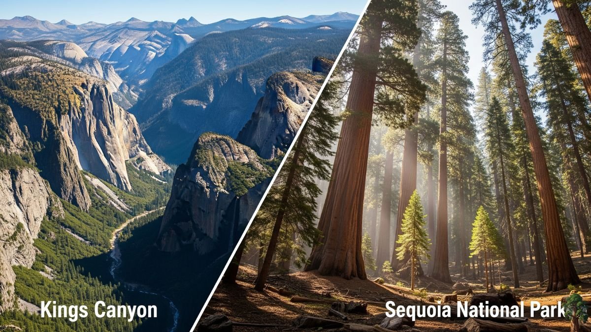 A majestic comparison of Kings Canyon vs Sequoia, featuring a towering sequoia tree with reddish-brown bark, surrounded by tall trees in a dense forest, with sunlight filtering through the canopy and illuminating the green foliage.