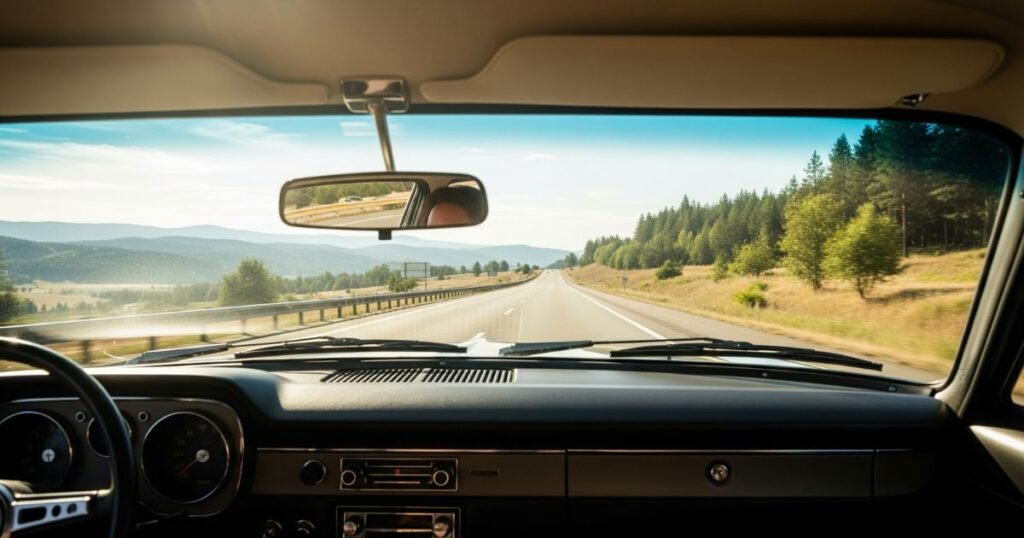 The view from inside a car looking out over the dashboard and windshield at a long, empty highway winding through a forested mountain landscape under a bright sky. This image represents a car journey from Phoenix to Sequoia National Park.