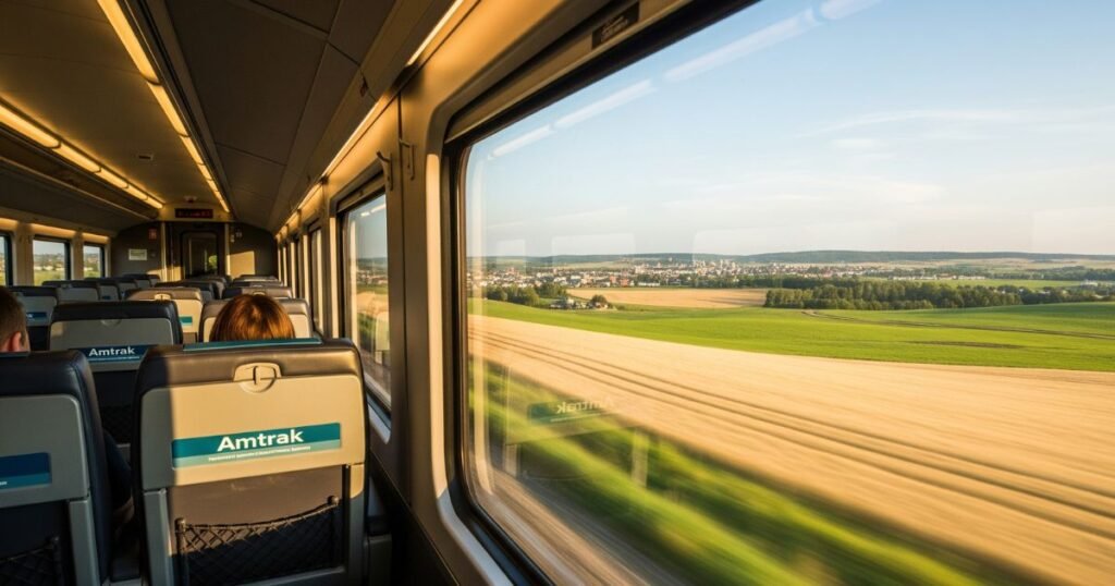 The interior of a train carriage with passengers, looking out a window at a blurred landscape of green fields and distant buildings, suggesting movement. This image illustrates traveling by train from Phoenix to Sequoia National Park.