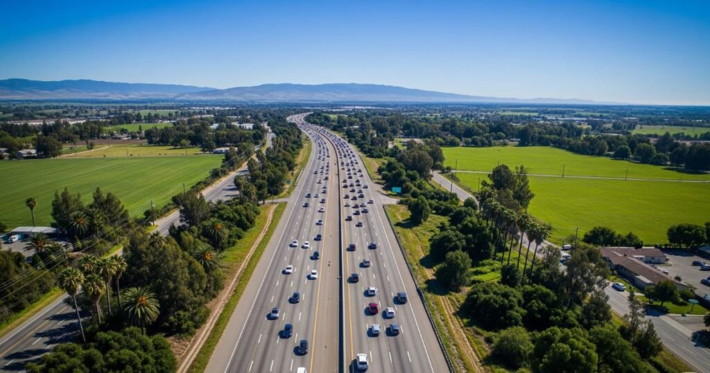 An aerial view of a multi-lane highway with numerous cars, surrounded by green fields and some buildings, stretching towards distant mountains under a clear blue sky. This image shows a popular driving route that could be taken when traveling from Phoenix to Sequoia National Park.